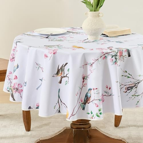 FIBORIA Wachstuchtischdecke Rund 140 Fruhlingstischdecke mit Vögeln Blumen PVC Tischdecken Wasserdicht Gartentischdecke wetterfest Table Cloth für Ostern,Geburtstag,Balkon,Garten,Terrasse,Cafe,Outdoor