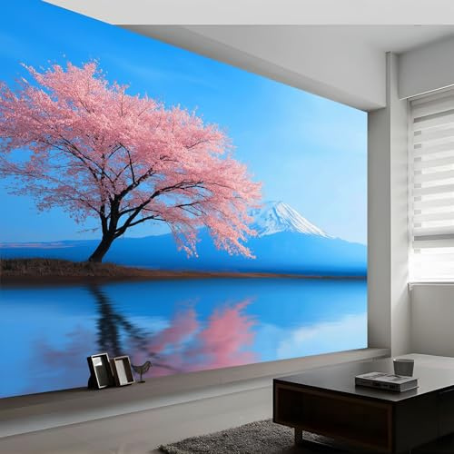 Générique Papier Peint Intissé Paysage Naturel 450L x 280H cm, Papier Peint Panoramique Bord de Lac Cerisier Fleurs Montagnes - Grandes Poster Mural Photo pour Salon Chambre Restaurant Décor Fond Tv