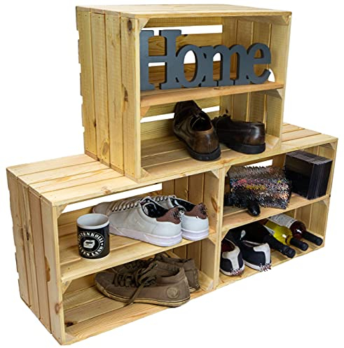 Estantería de cajas Johanna, juego de 3, con una tabla en medio, cajas de manzanas o vino, de madera maciza, multiusos, 50 x 40 x x 30 cm (naturales con tabla longitudinal)
