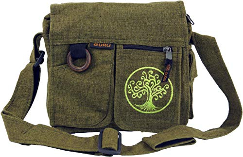GURU SHOP Ethno Schultertasche `Tree of Life` - Olive, Unisex - Erwachsene, Baumwolle, 25x25x15 cm