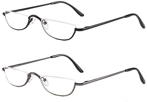 KoKoBin 2 Pack Unisex Lesehilfe Half Moon Halbrandrahmen aus Metall Federscharnier ultradünne Lesebrille +1.5