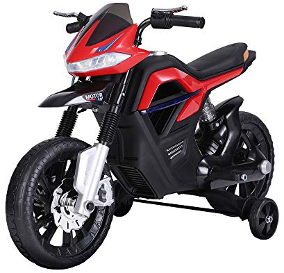 HOMCOM Kindermotorrad Kinder-Elektromotorrad Elektro-Motorrad für Kinder 3-6 Jahren Licht Musik MP3 Elektrofahrzeug mit Stützrädern maximal 3 km/h Metall + Kunststoff Rot 105 x 52,3 x 62,3 cm