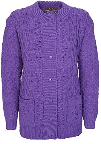 Lets Shop Shop Chunky Cable Knit Cardigan for Women Ladies Round Neck Long Sleeve Aran Plus Size 16 18 20 22 24 Violet
