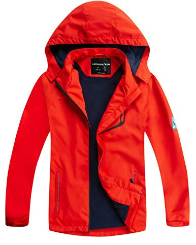 YoungSoul Giacca impermeabile per bambini e bambine, leggera, foderata in pile, con cappuccio rimovibile, Nero e rosso, 9-10 Years