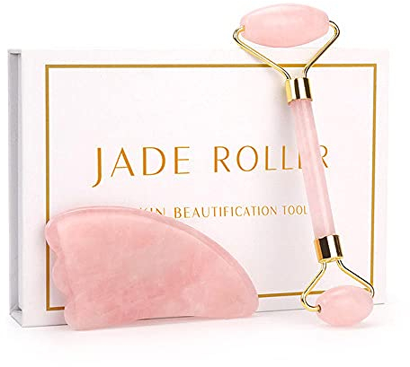 Gua Sha Stein Massage Natürliche Rosenquarz Gesichtsmassage Kristall Stein Körper Jade Massage Derma Roller Hautpflege Jade Roller Falten Entfernung Schönheit Werkzeug-Rose Set Geschenkbox