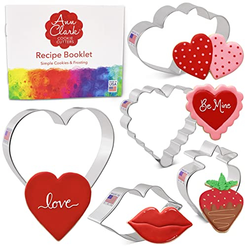 Lot de 5 emporte-pièces pour la Saint-Valentin fabriqués aux États-Unis par Ann Clark, cœur, fraise, cœur festonné, lèvres, double cœur