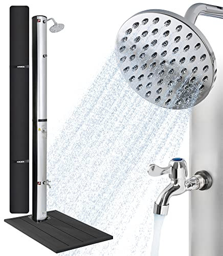 AREBOS Douche Solaire 40 l et élément de Sol | INCL. Capot de Protection | avec thermomètre intégré et Douche à Pied | Douche Piscine pour Le Jardin | Température de l'eau jusqu'à 60 °C