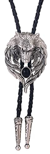Bolo Ties Krawatte Für Herren - Western Cowboy Vintage Natur Achat Tier Wolfskopf Krawatte, Handgefertigte Geflochtene Lederseil Halskette Schmuck Für Männer Frauen, Antikes Silber, Einheitsgröße