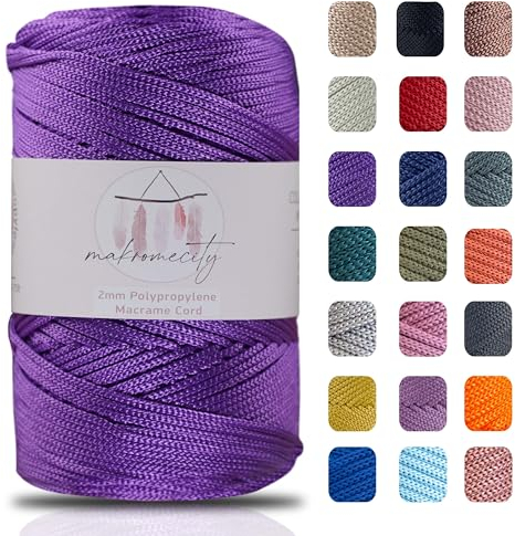 Makromecity, Polyester Macrame Cord (2 mm x 750 feet) 2mm Polypropylene Lilac Macrame Cord Crochet Macrame Bag Cord Crafts for Wall Hangings, Bags, Underplate, Rug (25 Colors Available)