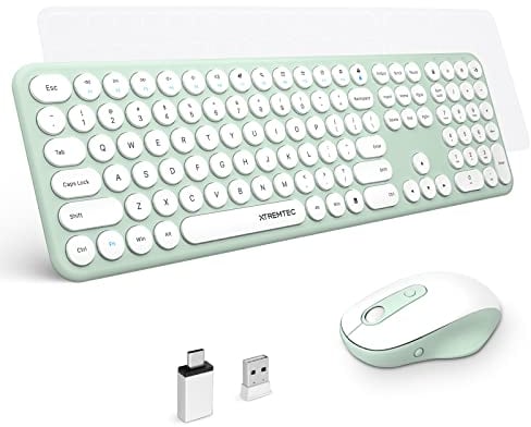 XTREMTEC 2.4G Full Size Wireless Keyboard and Mouse Combo - Ultra Slim Silent Cute Computer Keyboard with USB Receiver for Windows, OS, PC, Desktop, Mac, Tablet US Layout(Green A)