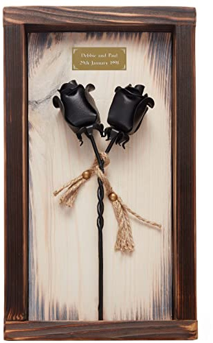 NOVECRAFTO Personalized Black Forged Iron Roses in Mountable Wooden Frame (15.74 x 8.66) – Romantic Gift for 6th Anniversary – Wrought Iron & Wood Decor for Her, Perfect for 5 Year Celebrations
