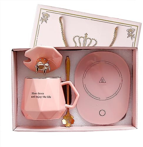 Coffee Warmer for Desk with Mug Set. Cup Warmer with Automatic Shut Off, Drink Warmer for Cocoa, Tea, Milk. Gift for Birthday Mother's Day Valentine's Day Women‘s Day Bestie Ladies (Pink)