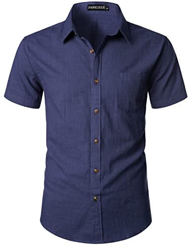 PARKLEES Men's Fitted Cotton Linen Casual Short Sleeve Button Up Shirts Lightweight Beach Tops with Pocket EU-PZLSC34-Navy Small