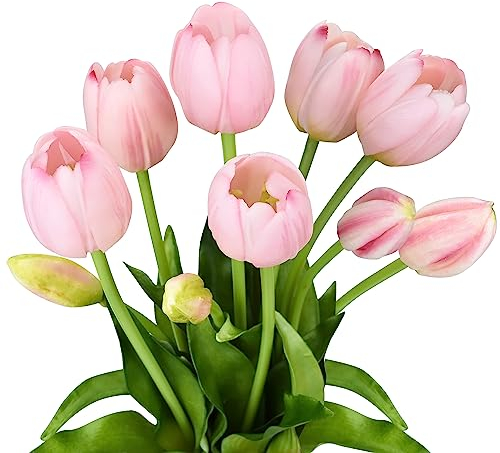 Künstliche Tulpen, 6 Vollblühende Gefälschte Tulpen und 4 Real Touch Latex Tulpe Blütenknospe, Große and Realistische Grüne Blätter mit weichem PU-Stiel für Zuhause, Büro, Party, Hochzeit, Garten