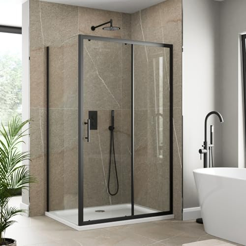 Luxura® 1000 x 800mm Sliding Shower Enclosure Door Screen for Wet Room Cubicle Enclosures, 6mm Toughened Safety Glass, Framed, Reversible, Matt Black