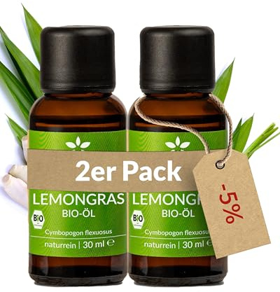 Heldengrün® BIO Lemongras Öl [100% NATURREIN] Ätherisches Öl 2x30 ml | Echtes Lemongras · frisch, zitrusartig & voller Sommerfrische · Bio-zertifiziert (DE-ÖKO-005) · Deutsches Startup