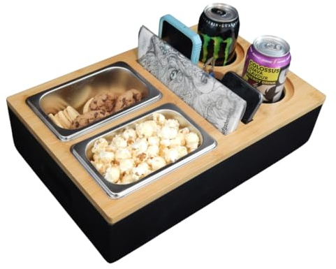 Triple k&s Couchbar Snackbox aus Bambus Personalisierbar inkl Sofa Tablett mit 2 Getränkehaltern mit Untersetzern, 2 Snackschalen, Couch bar snackbar und Handyhalterung Geburtstagsgeschenk für männer