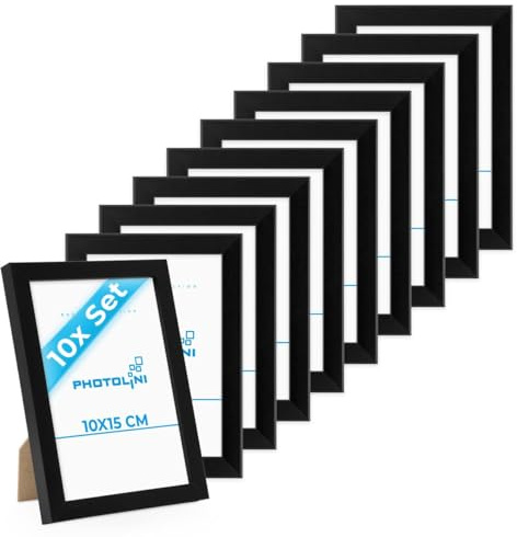 PHOTOLINI Bilderrahmen 10x15 Schwarz MDF-Holz, 10er Set Poster-Rahmen, bruchsicheres Acrylglas, zum Aufhängen & Aufstellen, extra Zubehör - für Fotos & Poster