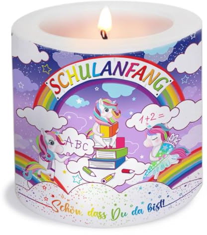 Kerze Einschulung Mädchen mit Einhorn und ABC als Tischdeko. Kerze mit Motiv als originelle Tischdekoration für den Schulanfang Mädchen Ø8 x Höhe 7,5cm