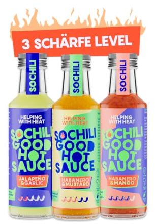 SOCHILI Saucen Set | 3 unterschiedliche scharfe Soßen: Jalapeño & Garlic, Habanero Chili & Mustard, Habanero Chili & Mango | Geschenkset | Bio, fair & vegan