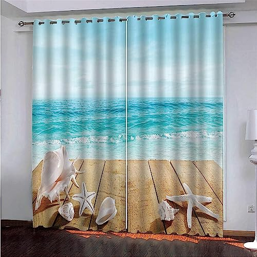 Lot De 2 Rideau Chambre Enfant Garcon Fille 3D Impression Rideau Coquille Mer Motif Rideaux Occultants Thermiques Isolants À Oeillets Décoration De