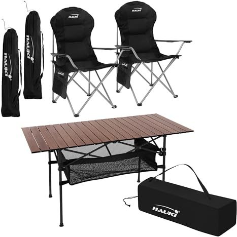 Hauki Campingmöbel Set 3tlg. Campingtisch faltbar Braun mit 2 Campingstühlen Schwarz, Camping-Set für 2 Person mit Tragetasche, Alu Klapptisch mit 2 Angelstuhl, Sitzgarnitur Sitzgruppe Gartenmöbel