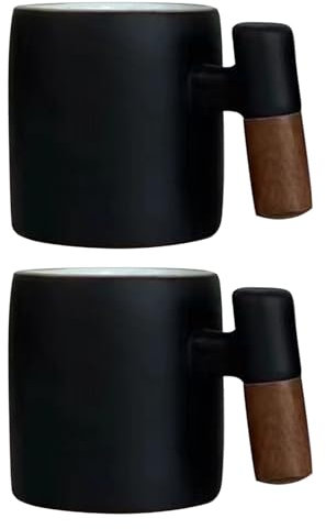 Dicmracy Lot de 2 tasses à expresso en céramique de 59 ml avec poignée en bois pour café ou thé (noir, poignée en bois 2)