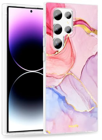 SCORPIFY Funda Compatible con Samsung Galaxy S22 Ultra [Compatible con MagSafe] para Mármol de Cristal con Brida Rosa, Linda Funda Magnética para Teléfono con Detalles Dorados para Mujeres Niñas
