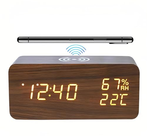 Lancoon Digitaler Wecker mit LED Kabelloses Aufladen Temperatur und Luftfeuchtigkeitsanzeige 3 Alarme Einstellbare Helligkeit Tonsteuerung für Schlafzimmer Zuhause Büro (Braun)