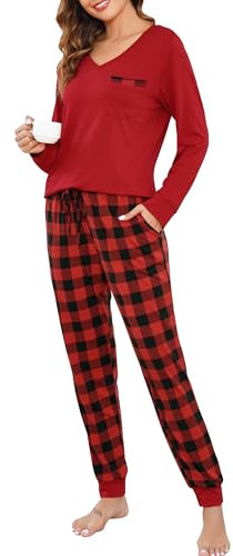 Vlazom Pyjama Femme Hiver Ensembles de Pyjama à Manche Longue Col en V Vêtements de Nuit à Carreaux Chaud Long，A-Rouge，XXL