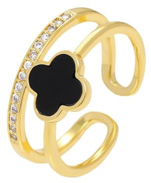 LAKEMON Goldener Kleeblattring für Damen, zierlicher, auffälliger, Verstellbarer Ring mit offenem Zirkonia, Schmuck für Damen (Black)
