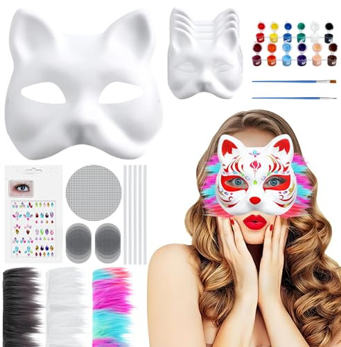 Mittimiya 6 Stücke Katzenmaske mit Fell-Augennetzen und Edelsteinaufklebern, DIY-Therian-Masken-Set, leere Maske zum Bemalen von Halloween-Tier-Halbmasken für Maskerade, Cosplay, Party-Interaktion