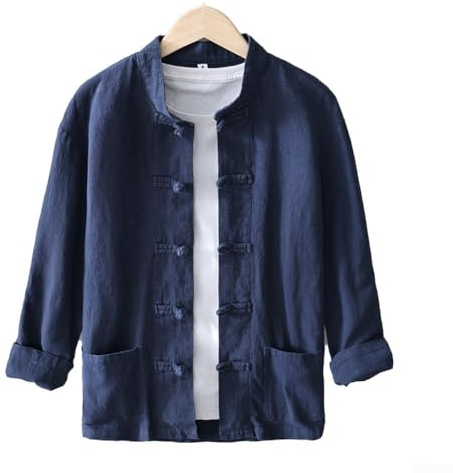 Chemises de costume Tang de style traditionnel chinois pour hommes, hauts décontractés (M Bleu foncé)