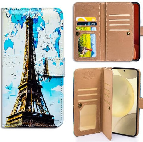 Bcov Case For Samsung Galaxy S24,Paris Eiffel Tower Map Multifunction Leather Phone Case Wallet Flip Cover with Multi Card Slots Pocket Wrist Strap for Samsung Galaxy S24
