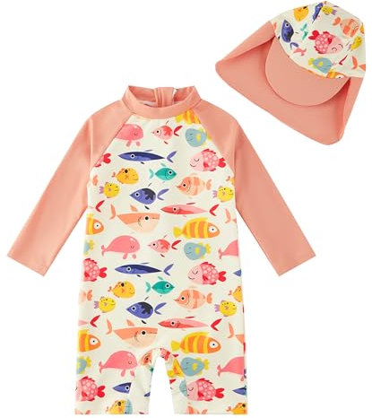 upandfast Baby Badeanzug mit Sonnenhut UPF 50+ Uv Sonnenschutz Badebekleidung für Baby(9-12 Monate,Orange Fisch)