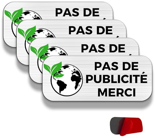 FloraVigo Pas de Publicité Merci 60x25 mm Plaque pour bôite aux Lettres Aluminium brossé Aspect Acier inox auto-adhésif,Interdiction de publicité (4) (PAS DE PUBLICITÉ MERCI)