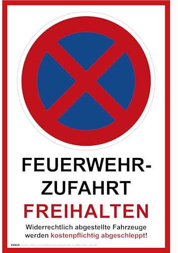 Feuerwehrzufahrt Schild 30 x 20 cm 1 Stück Feuerwehrzufahrt freihalten Schilder Hartschaumplatte 300x200x3mm von vanva
