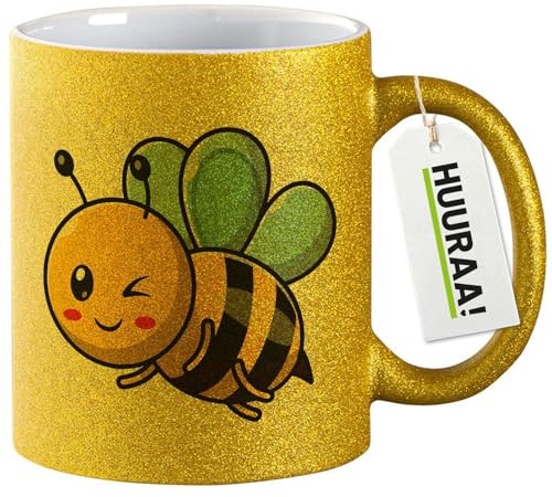 Huuraa Glitzertasse Biene Comic Geschenk | Motivtasse 330ml Glitzer Tasse mit Spruch Gold Keramik Kaffeebecher Geschenkidee Goldener Glitter Becher mit Motiv