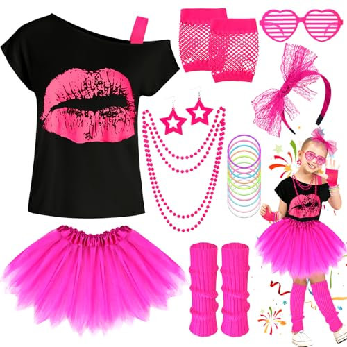 80s Fancy Dress for Kids, 5-12 Years Girls 1980s Neon Party Outfit -T-shirt Tutu and Pink Leg Warmers Fishnet Gloves Bow Headband Earrings Bracelets Necklaces Glasses for Halloween Cosplay(XL)