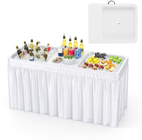 COSTWAY Mesa Enfriadora de Hielo Plegable de 150 cm, Mesa Refrigerante para Exteriores con Doble Fregadero, Falda a Juego y Manguera de Drenaje, Portátil Camping, Fiestas, Picnic y Bodas