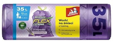 JAN NIEZBĘDNY Magnum Flex Müllbeutel, mit Klebeband/Für Zuhause/Fürs Büro/Für die Arbeit/Langlebig/Recycelt/Reißfest/ 3 Lagen/ 35l/ 12 Stück - 1 Rolle/Lavendel