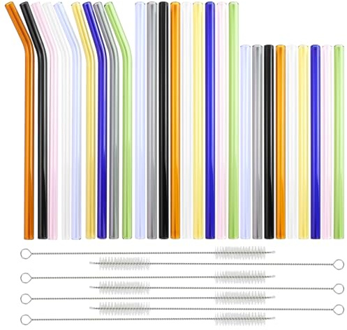 Lot de 34 pailles en verre multicolores, réutilisables, courbées, droites, avec 7 brosses de nettoyage, pailles en verre très stables, pour cafés, cocktails, jus