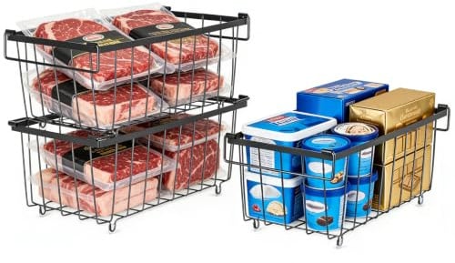 Stackable Chest Freezer Baskets 3-Pack with Handles – Deep Freezer Organiser for 5-7 Cu.Ft, Metal Wire Storage Bins with Anti-Slip Base, Sorts Food & Saves Space, 36x18x16cm, Black