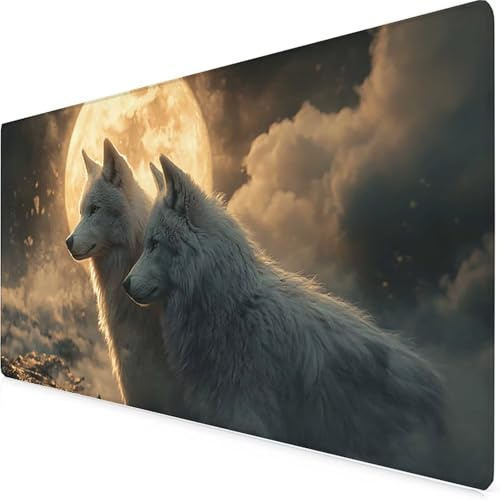 Mauspad XXL 800 x 300mm, Gaming Mauspad Weiß Mousepad Wolf Schreibtischunterlage mit Genähten Kanten, rutschfeste Gummibasis Mouse Pad WassXerdicht Gaming Accessories für Home Office -yym2509O5
