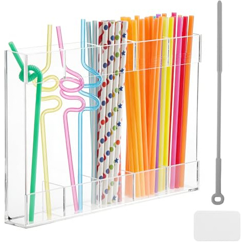 JINGIHE 6-Compartment Clear Straw Holder for Reusable Straw Kitchen Fridge | 6-Compartment Clear Acrylic Straw Dispenser with 2 Silicone Brushes Ultra Sticky for Kitchen Cabinet Door Countertop Fridge