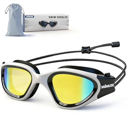 MOMUSE Occhiali da Piscina per Adulti Cinturino Elastico Confortevole | Protezione UV, Non Tirano i Capelli e Antiappannamento, Occhialini Nuoto Uomo e Donna, Piscina, Spiaggia Allenamento