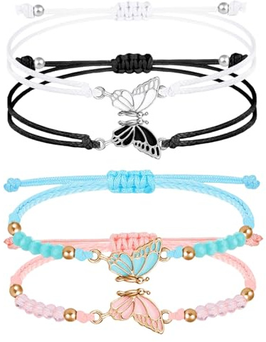 HUZNA 4 Pcs Bracelets Tressés Réglables pour Enfants,Coloré Papillon Bijoux Élastique Bracelet Amitié,pour Filles et Enfants,Cadeau Anniversaire de Fête