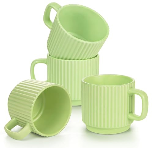 Coffee Mugs Set of 4, Stackable Ribbed Mugs, Ceramic Coffee Cups(Green) | Duarable Mugs Set with Handle for Coffee, Tea, Latte, Cappuccino, Espresso & Hot Drinks, for Home or Work - Microwave Safe