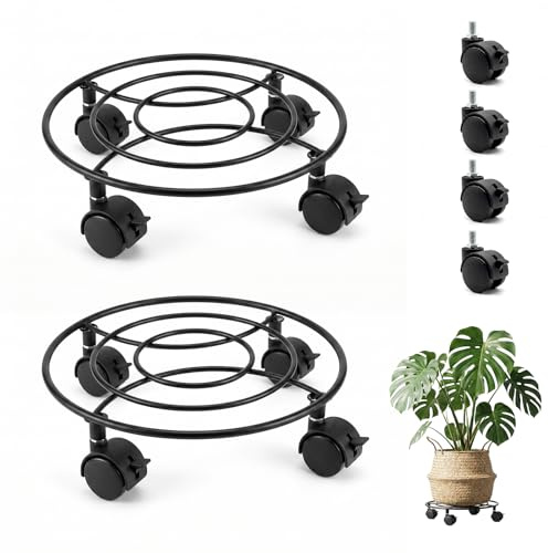 xiruiubao Porte Plante a roulettes 360°,2 Pièces Supports de Pots de Fleurs à roulettes Robuste en Métal,Support Plante Roulette pour Salon Balcon Jardin,Noir 22 cm