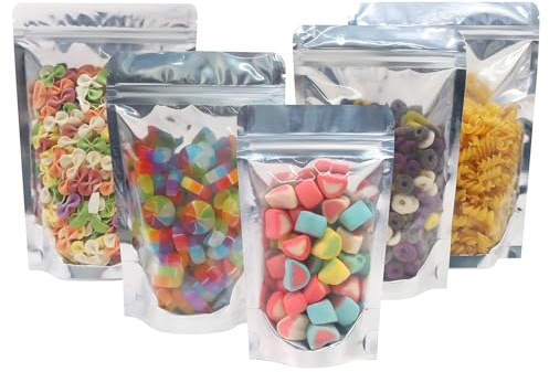 SumDirect 50Pcs15x22cm Reusable Aluminium Foil Zipper Stand Up Food Pouch Bag with Notch for Food Storage (5.9x 8.6 inches)